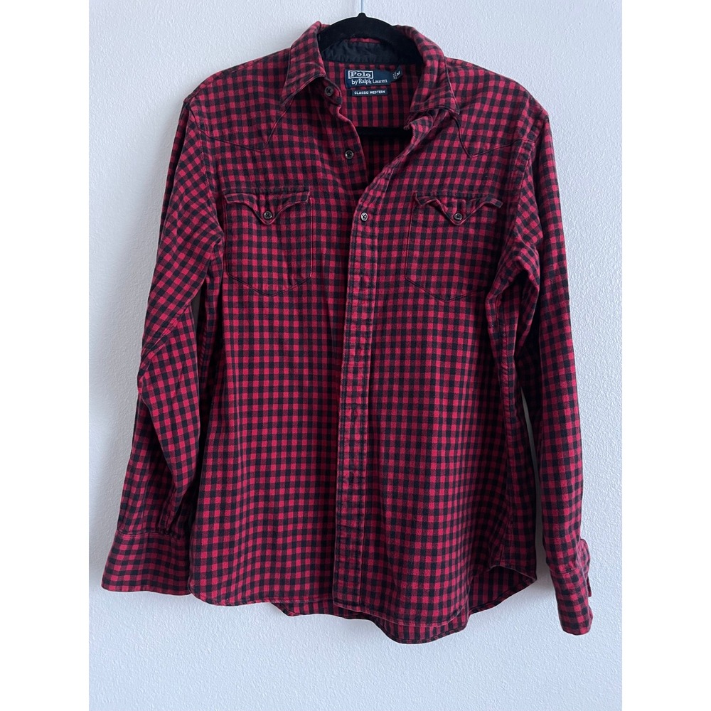Polo Ralph Lauren Western Shirt Mens Medium Red Black Plaid Cotton Flannel